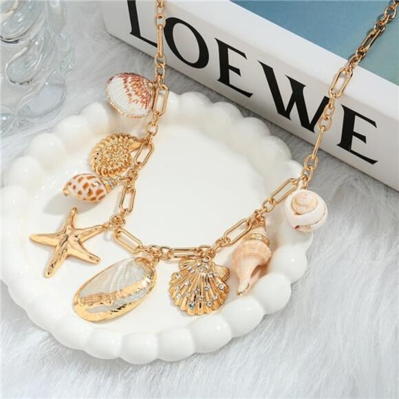 Gold Seashell Necklace | Conch & Starfish Pendant, Ocean-Inspired Jewelry. - Picture 3 of 5